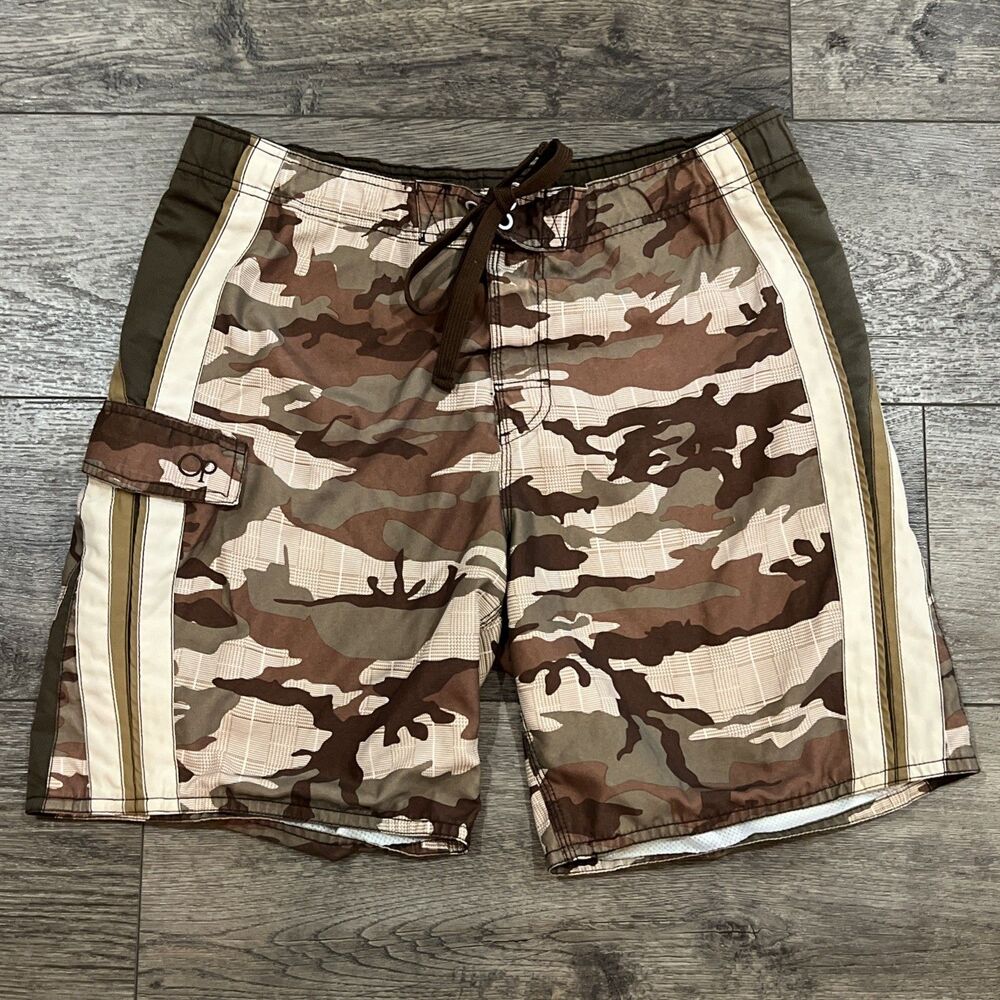 OP Ocean Pacific Bosrd Shorts Mens Medium Y2k Camo Drawstring Lined  Swim Trunks